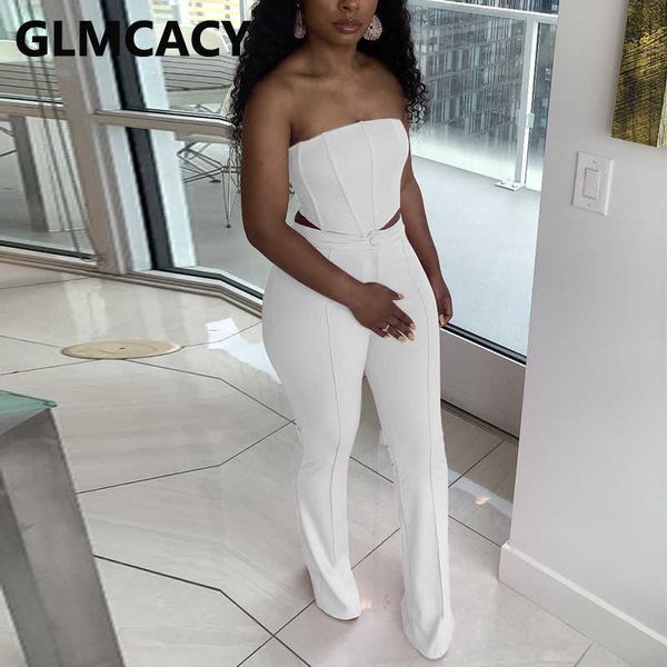 

two piece chic summer suits solid tube & slim pants set 210702, White