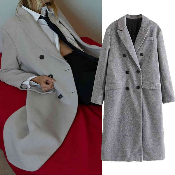 

wool vintage fashion double breasted blazer long female coat outerwear chic top, Black