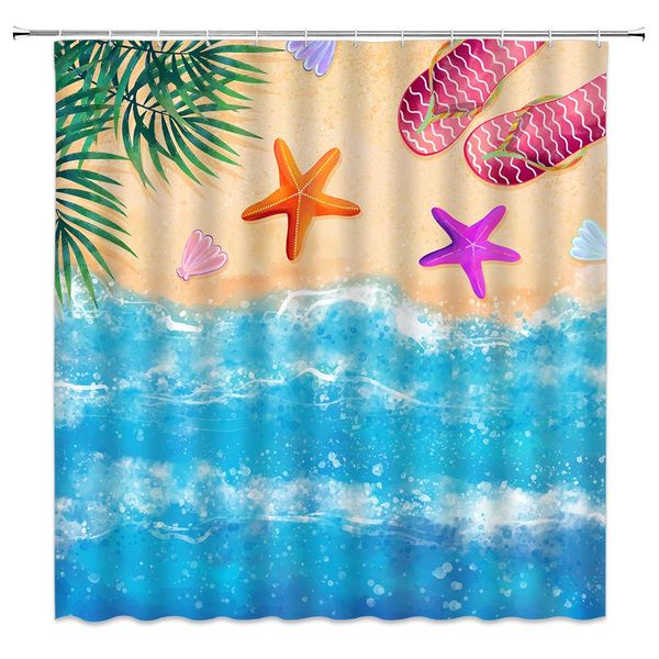 

ocean shower curtain decor starfish flip flops beach shell palm leaves tropical sea holiday blue beige fabric bath curtains