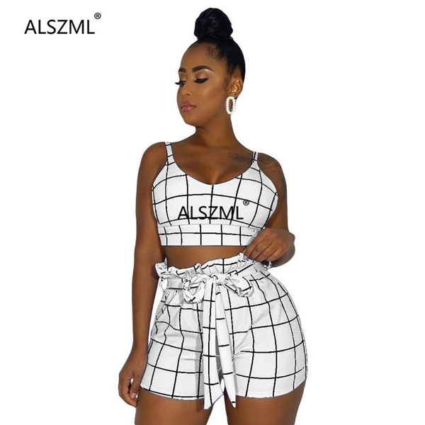 

fashion style plaid spliced high street women's wear spaghetti strap bra and drawstring shorts 2 piece set outfit tracksuits, Gray