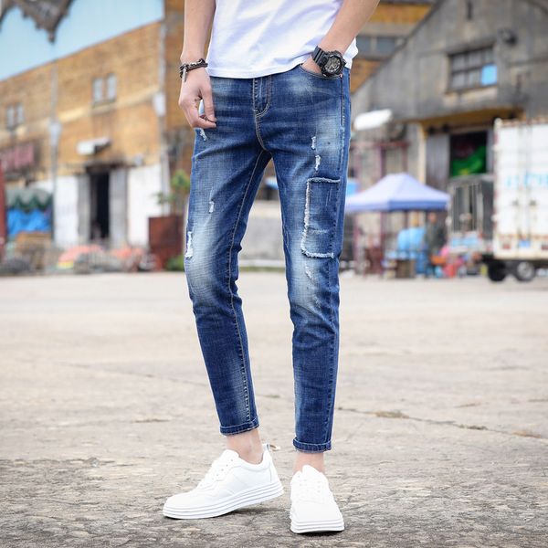 

ripped jeans slim-fit feet pants men's all-match light color trend nine-point tide brand spring, Blue
