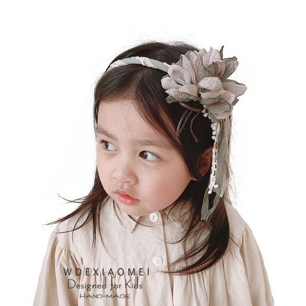 

hair accessories floral headband handmade side ribbon chiffon flower hoop girls hairbands elegant fashion kids headwear, Slivery;white