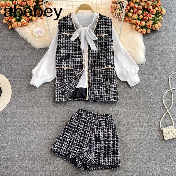 

women's tracksuits 2021 spring autumn vintage v-neck long sleeve shirt + tweed plaid vest coat high waist wide leg shorts 3-piece set, Gray