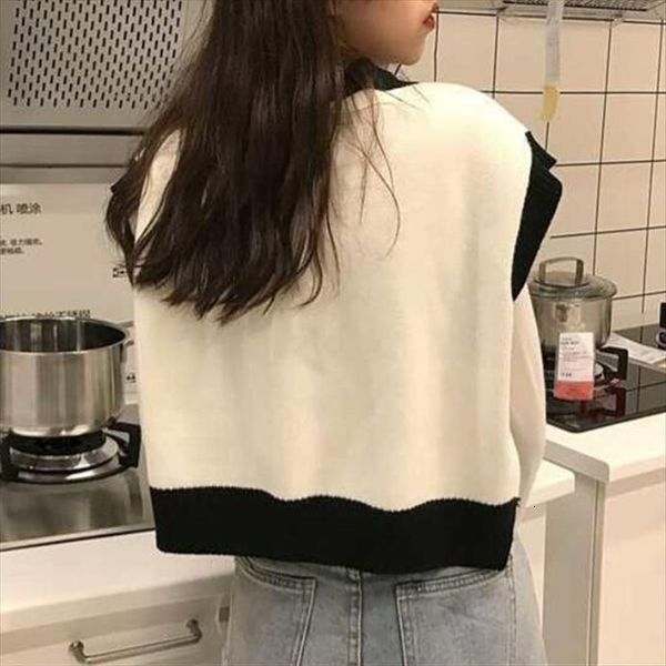 

women casual tank sweaters spring korean style chic letter v neck knitted sweater vest pullover short oversized waistcoat t505, White;black