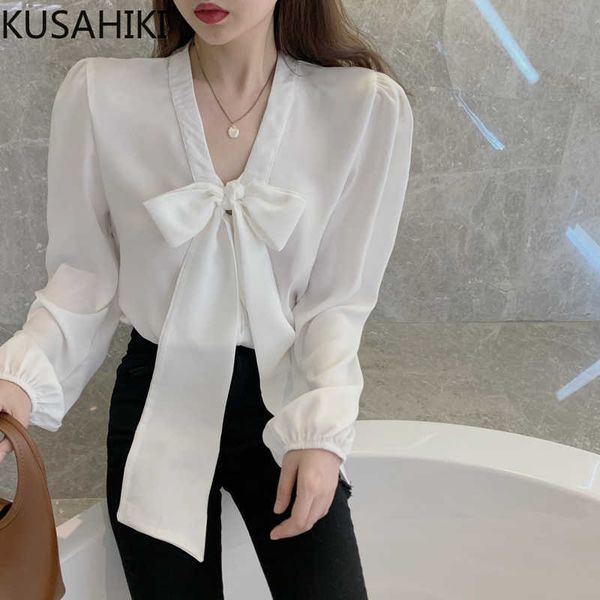 

kusahiki bow tie v-neck women blouse shirt long sleeve causal spring korean elegant camisas de mujer elegantes 6e343 210602, White