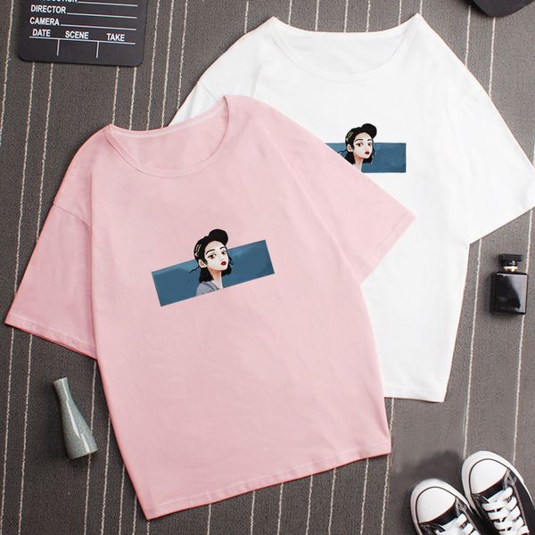 

& tees women's summer round ne letter loose casual short sve, White