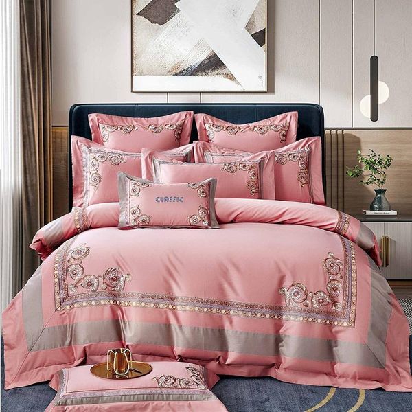 

egyptian cotton series pink bedding set satin embroidery duvet cover 140s density bed sheet double wide side pillowcase sets