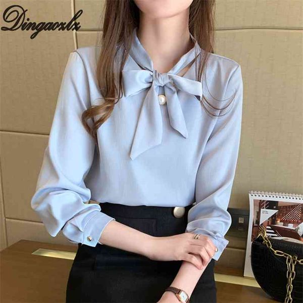 

dingaozlz chiffon shirt women spring bow tie satin ol long sleeve white blouse blusa 210517