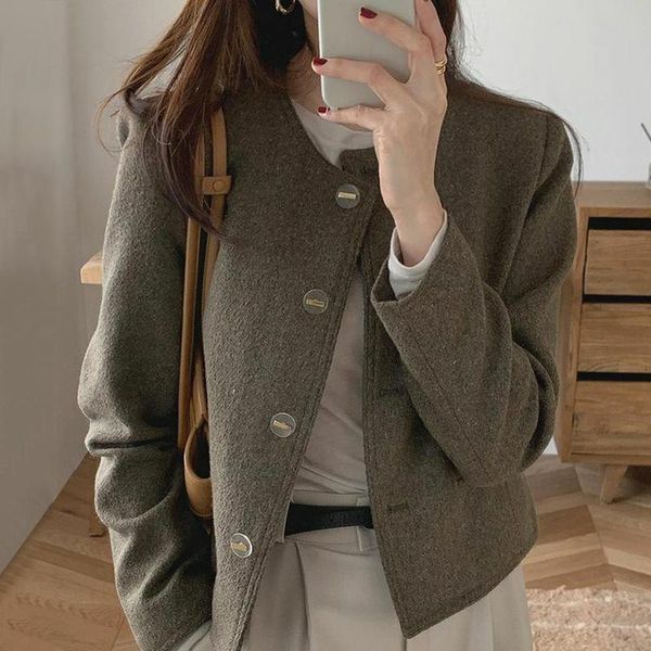 

women's jackets korean woman coat simple o neck loose vintage winter clothes women style chic elegant casual all match autumn, Black;brown