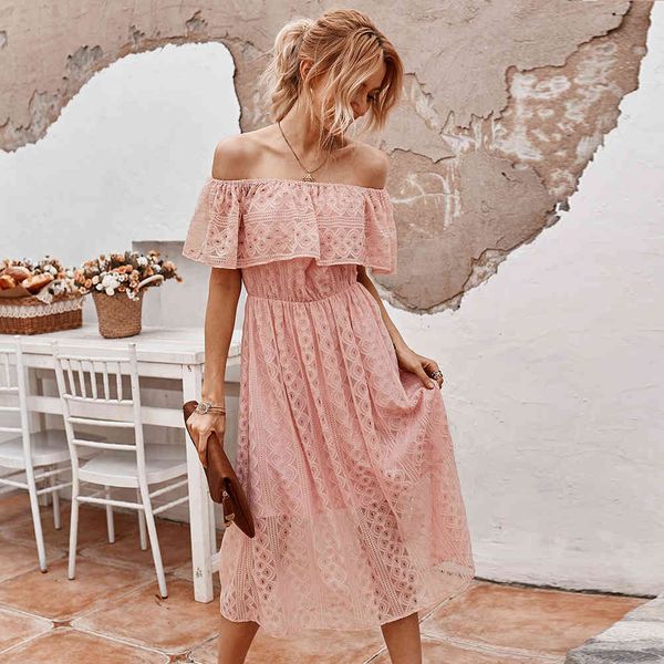 

dresses summer lace off the shoulder women casual slash neck solid high waist mid-calf, Black;gray