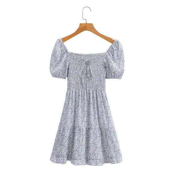 

vintage women sweet square collar short sleeve dress fashion floral waist puff sleeves chic female mini dresses 210507, Black;gray