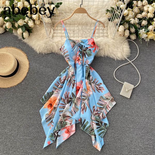 

design irregular strap dress women backless ruffles a-line party summer boho floral beach midi 210512, Black;gray