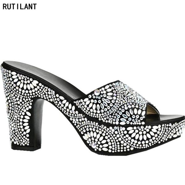 

arrival italian ladies high heels pumps colorful rhinestones design african sandal shoes for party dress, Black