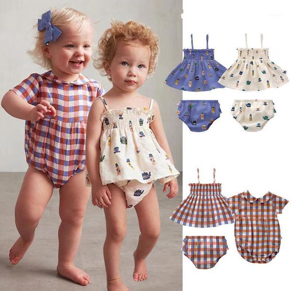 

summer baby shorts set oeuf brand cartoon mini kids girls camisole tee bloomers clothes suit infant sisters rompers clothing sets, White