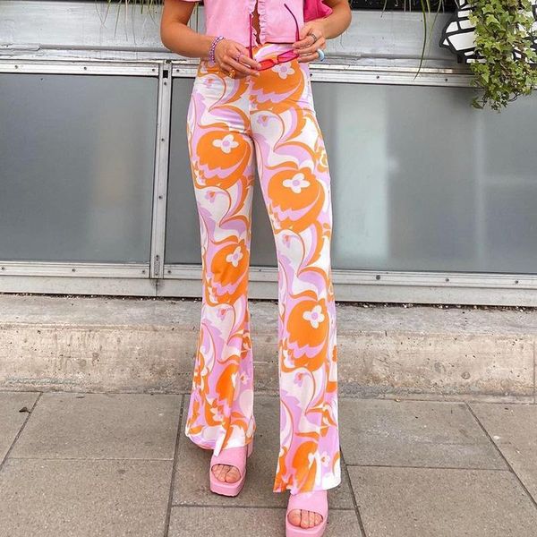 

women's pants & capris flower printed contrast color high waisted flared woman, Black;white