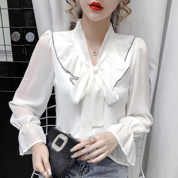 

women's blouses & shirts 2021 spring autumn women chiffon bow shirt female butterfly v-neck long-sleeved, White