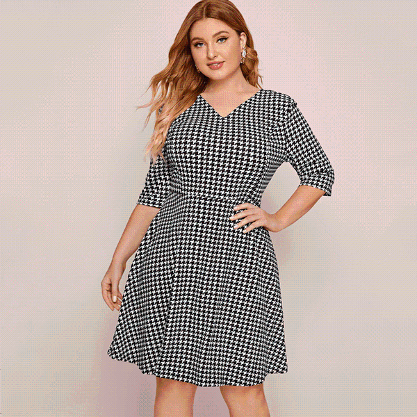 

plus size dresses womens v-neck elegant houndstooth dress half sleeve knitting spring autumn knee length midi a-line 4xl 5xl, Black