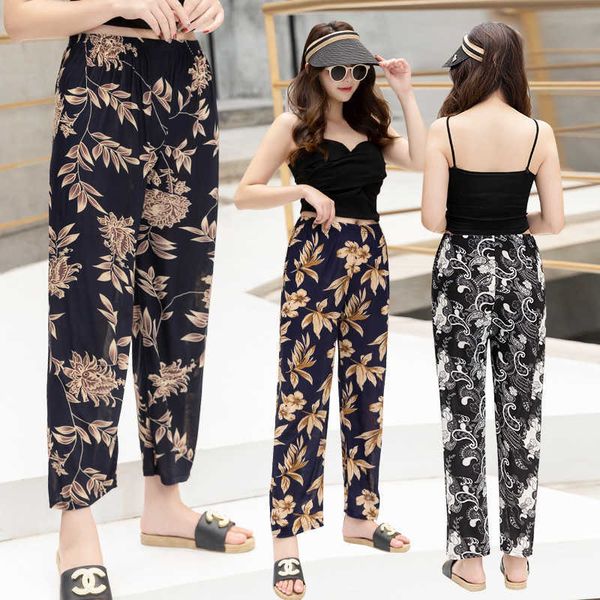 

summer straight bobbin pants, floral large size, loose, casual, mosquito proof women's pants, Black;white
