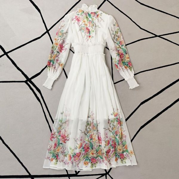 

casual dresses fashion designer autumn women's bohemian party elegant chic elastic band flower print chiffon midi dress, Black;gray