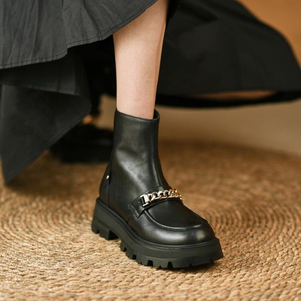 

boots 2021 winter genuine leather women fashion round toe chunky heel ankle platform shoes motorcycle, Black