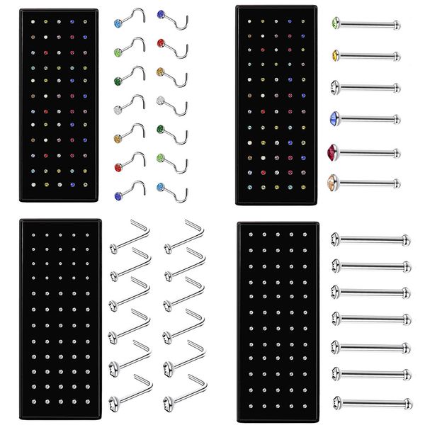 60 PCS Boxed L-Shape Nose Stud Stud Set con Crystal Body Piercing Gun Kit Falso Anello per il naso in acciaio inox Acciaio inossidabile Ago Hoop Pack Gioielli