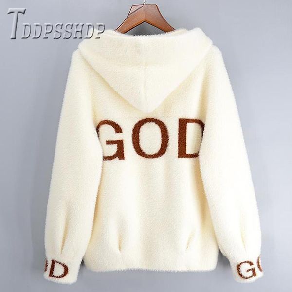 

women's jackets 2021 autumn winter imitation mink cashmere women coat hooded thick female cardigan, Black;brown