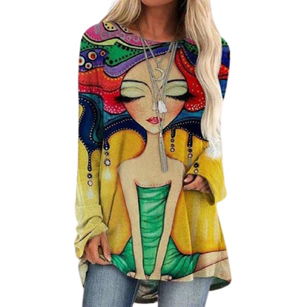 

3xl 4xl plus size women vintage oil painting print long tshirts oversized autumn new designer loose casual tshirt long sleeve, White