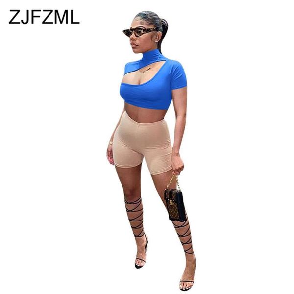 

women's t-shirt front hollow out fashion crop for women casual high necked short sleeve slim fit t shirts summer female party clubwear, White