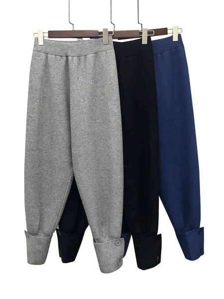 

pants 2021 autumn winter women pants knitting elastic high waist wide leg pockets ankle-length harem lady warm trousers drop, White