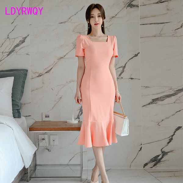 

summer ladies temperament bag hips thin ruffled dress knee-length v-neck office lady zippers 210603, Black;gray