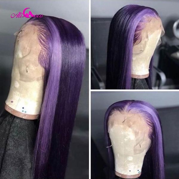 

lace wigs ali coco blonde berry colored human hair front pre plucked purple highlights wig for women, Black;brown