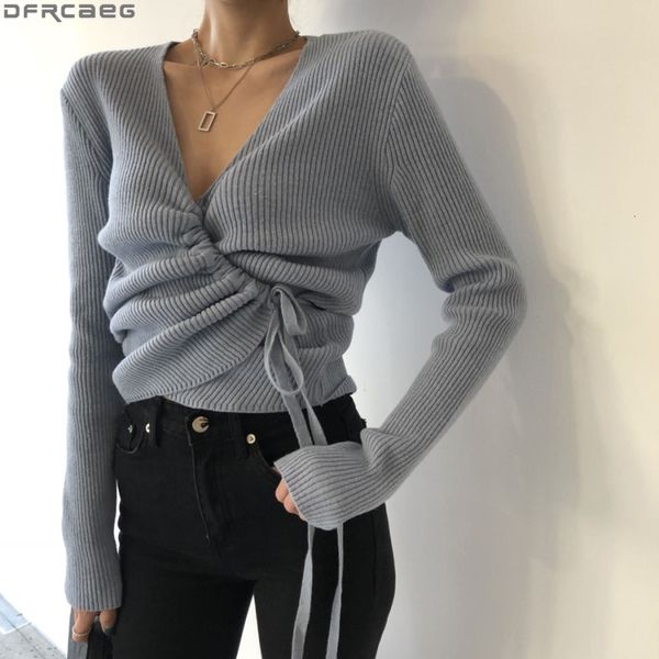 

women's sweaters v-neck knitted sweater women autumn and winter elegant lace up cardigan pull femme korean fashion solid, White;black