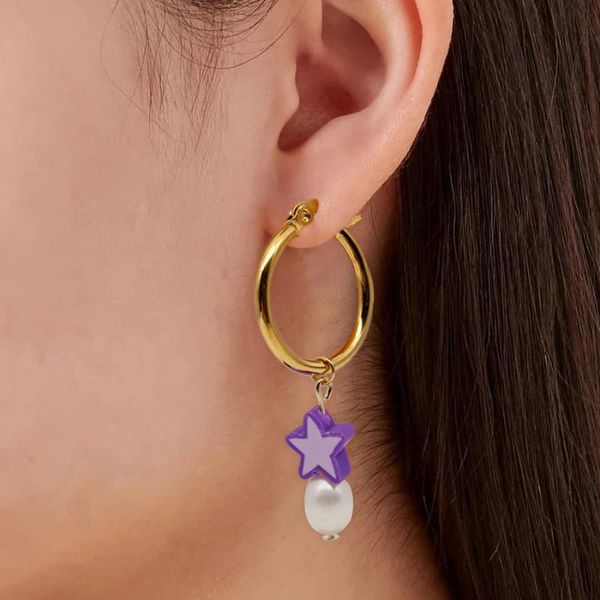 

hoop & huggie aomu 2021 trendy pearl drop yellow purple star gold color metal earrings for women girls simple party jewelry gifts, Golden;silver