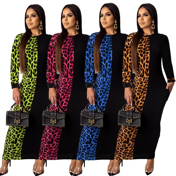 

autumn dresses for women fashion leopard print stitching long sleeve maxi dress pockets casual ladies vestido de mujer, Black;gray
