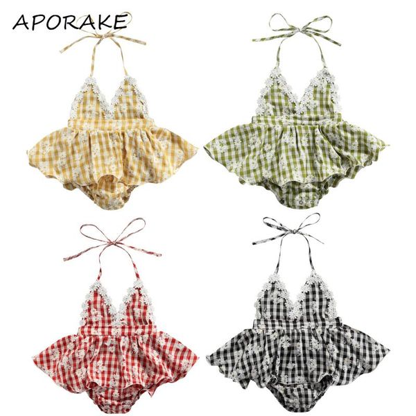 

jumpsuits 2021 0-24m sweet infant baby girl playsuit dress flower lace v neck halter daisy plaid print backless romper tutu summer, Blue