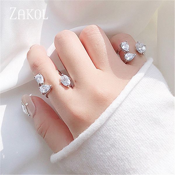 

2020 new arrival water drop shape cubic zircon adjustable opening rings for women girl fashion jewelry gift fsrp2226, Silver
