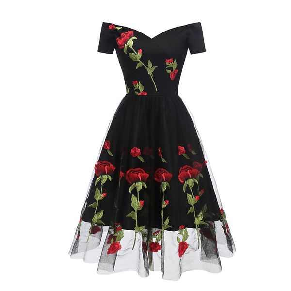 

rose embroidery off the shoulder dress women midi a line prom bridesmaid wedding cocktail birthday party occasion dresses casual, Black;gray