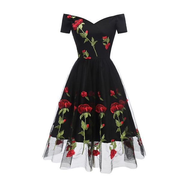 Schulterfreies Kleid mit Rosenstickerei, Damen, Midi, A-Linie, Abschlussball, Brautjungfer, Hochzeit, Cocktail, Geburtstag, Party, Anlass, lässig