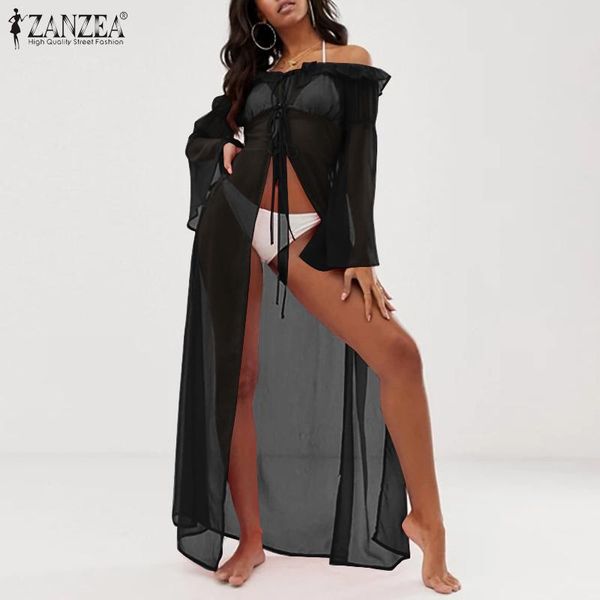 

women's swimwear zanzea off shoulder cover ups women summer see-through kimono casual solid long sleeve 2021 fashion beach cardigan, White;black