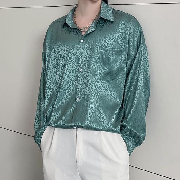 Leopar Yeşil Buz Ipek Erkek Gömlek Gevşek Jakarlı Yaz Moda 2021 Parti Elbise Saten Boy Tasarımcı Giysileri Erkek Günlük