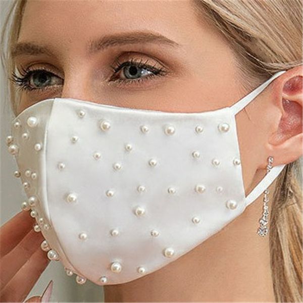 

pearls beaded mask bridal wedding masks full pearls with wedding jewelry dustproof brides bridegroom party banquet daily protective masks, White