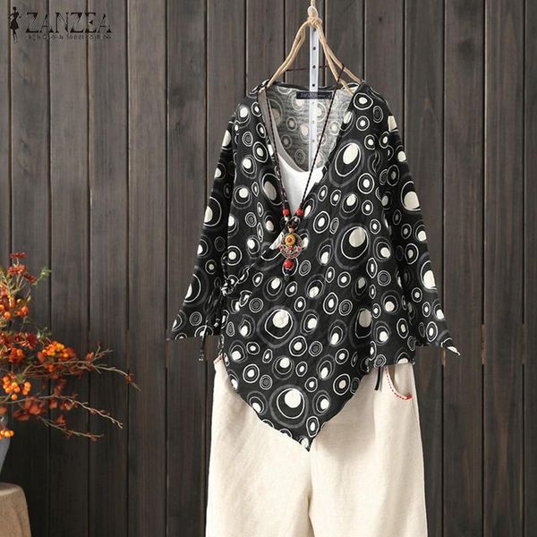 

women's blouses & shirts kaftan printed autumn blouse 2021 zanzea casual long sleeve female v neck work blusas plus size polka tunic, White