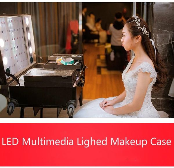 

multimedia lighted beauty box rolling studio makeup multifunction case w/lights mirror cosmetic aritist pink/black bags & cases