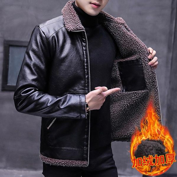 

men's jackets young men warm fur suede collar with velvet pu leather coats male locomotives suit jacket in winter, Black;brown