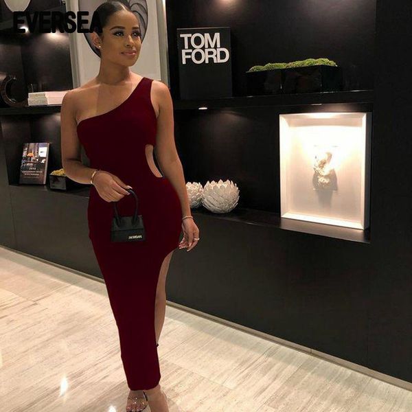 

casual dresses eversea one slope shouler piece women summer irregular solid color split design dress, Black;gray