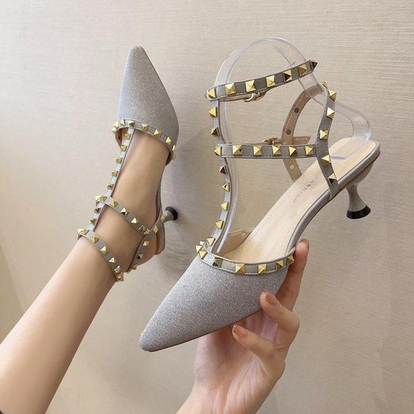

sandals baotou-buckle chunky heel women pointed rivet high heels fashion orange 2021 all-match high-heeled, Black