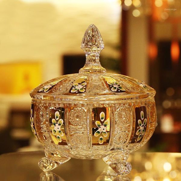 

gold-plated craft crystal glass sugar bowl dried fruit snack candy box with lid