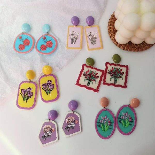 

stud acrylic relief flower rose daisy tulip women earring, Golden;silver