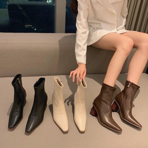 

boots women's autumn shoes boots-women luxury designer winter footwear zipper rubber 2021 high heel mid calf mid-calf fashion, Black