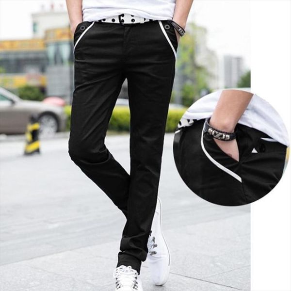 

casual solid color elastic long women pants trousers pockets straight, Black